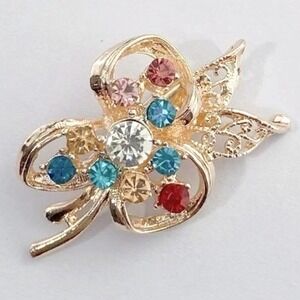 New Boutique Rose Gold Rhinestone Floral Bow Brooch Filigree Colorful Pin
